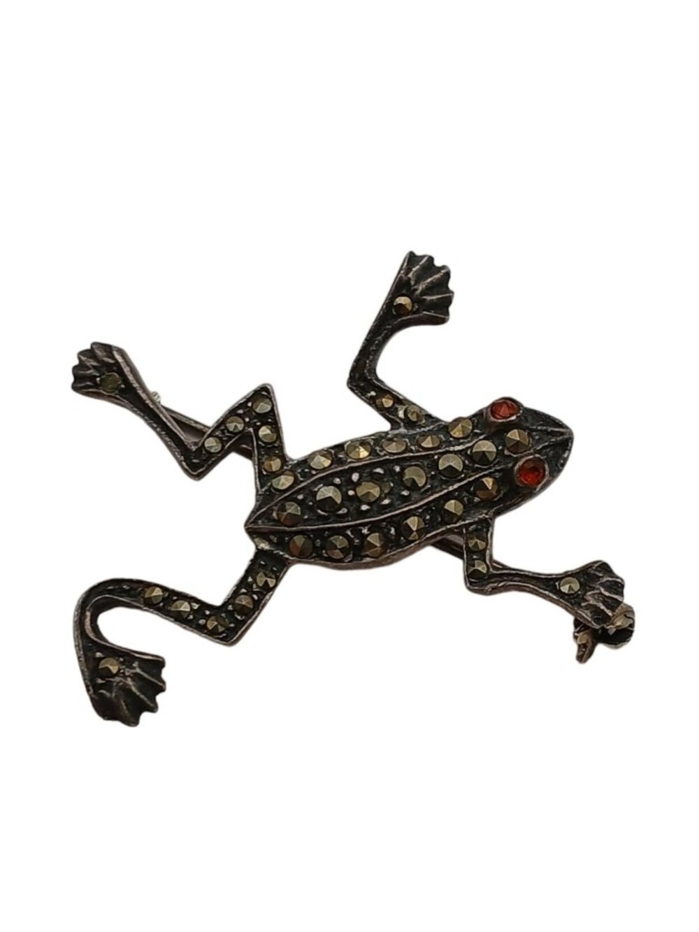 Vintage Frog Brooch Marcasite w/Red Eyes 925 Sterling Silver Signed 1.25 In #G5